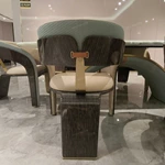 Barrel-Back Dining Chair with Woven Leather Accents, High-Gloss Wood Frame and Vertical Back Strap